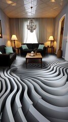 Immersive floor design creates optical illusion in a stylish living space and modern art