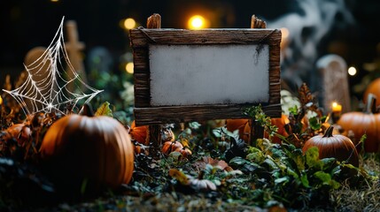Halloween-themed display with pumpkins, cobwebs, and a blank sign in a graveyard setting.