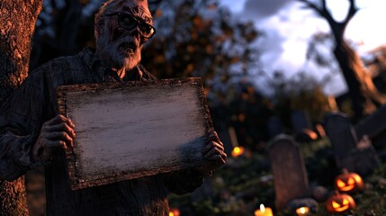 Elderly man in a graveyard holds a blank sign at dusk, surrounded by tombstones and jack-o'-lanterns.