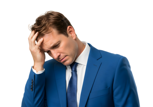A stressed businessman in a blue suit holding his head in frustration on a white background