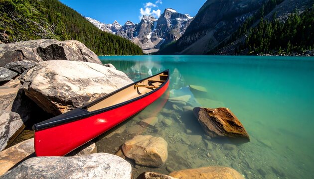 Red Canoe on Rocky Shore of Turquoise Lake with Mountain Backdrop.
