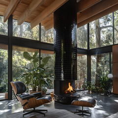Fototapeta premium Modern living room with fireplace and forest view