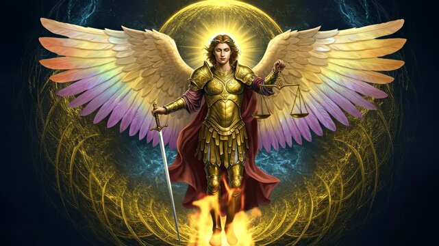 Archangel michael animated in full golden armor, holding a sword and scales over fire, divine justice concept loopable footage.