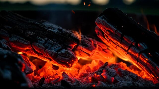 Glowing wood embers in a fire pit, red hot charcoal in an outdoor barbecue grill with smoke, close up burning wood footage.