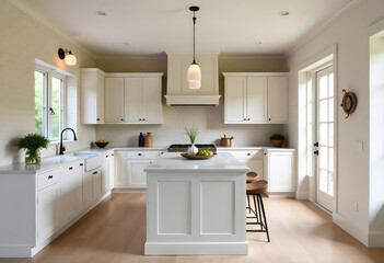 Fototapeta premium Stunning modern white kitchen island elegance