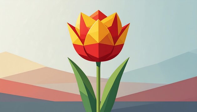 Geometric tulip illustration against a soft landscape