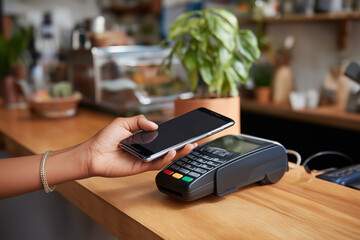 Customer uses smartphone for contactless payment at cafe