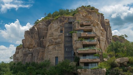 Obraz premium Spectacular cliffside residence integrated into natural rock formations offering breathtaking views and unique living spaces