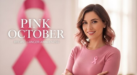 Smiling woman supporting breast cancer awareness in pink october awareness month