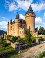 Massive, ancient castle with manicured gardens