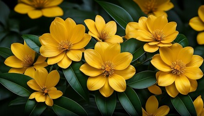 Obraz premium Bright Yellow Blooms With Dark Green Leaves