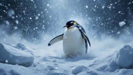 Pinguin im Schneesturm auf arktischer Landschaft – Cooles Wallpaper – Abstraktes Fantasie Hintergrundbild