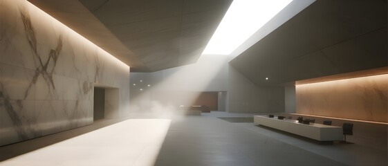 Breathtaking Minimalist Corporate Background – Empty Trading Floor at Dawn with Back-Lit Gray Marble & Warm Travertine Slabs, Silent Power & Elegance