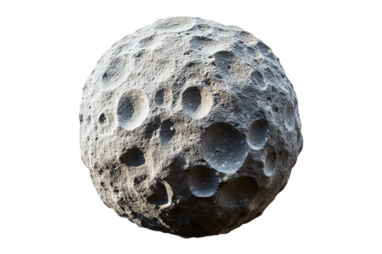 Detailed asteroid with numerous craters floating in space on transparent background
