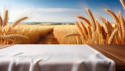 Blank Table With Tablecloth Against Blurred Wheat Field Background Shavuot Themed Design And Product Display
