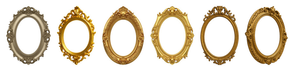 Ornate oval frame set including various gold and silver gilded styles isolated. Elegant decorative antique design elements.