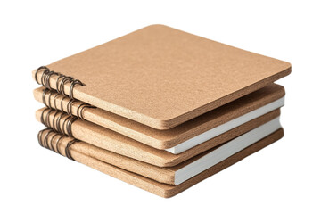 Stack of kraft paper notebooks with spiral binding on transparent background