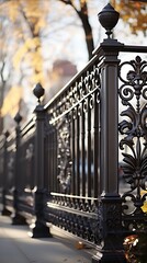Intricate ironwork fence showcasing delicate patterns and autumnal blurred backdrop creates urban