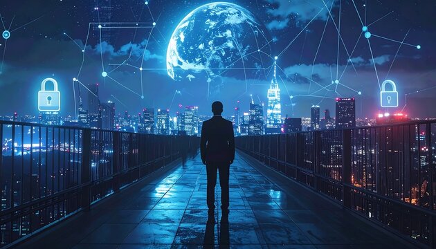 Silhouette of a person overlooking a city, with global network visuals and digital locks overlayed. Represents data security & tech