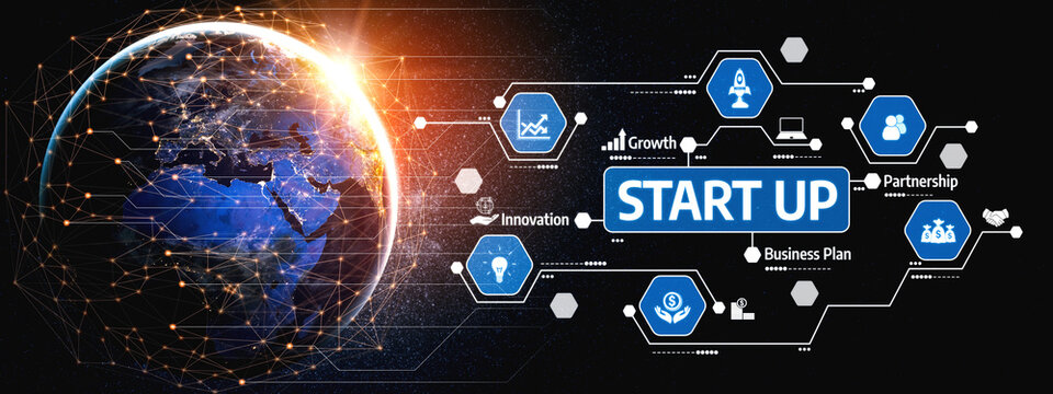 A modern digital illustration representing the startup ecosystem, featuring Earth, innovation concepts, growth strategies, and partnership ideas among interconnected elements. Tessel