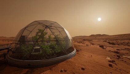 futuristic biodome on the desolate red planet mars providing a green sanctuary for life under a hazy sky