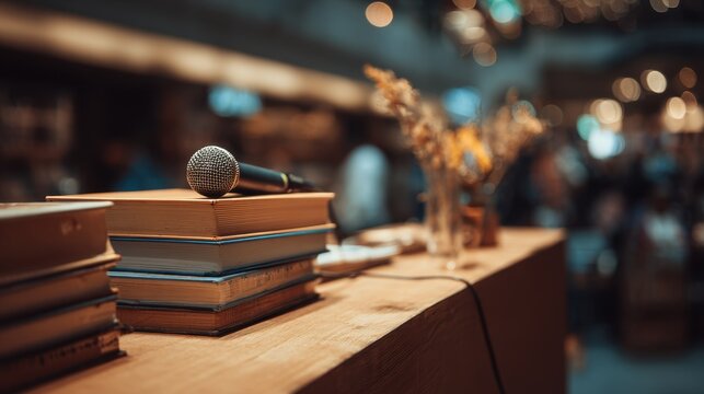 Medium shot of a podium with stacked books and a microphone softly blurred background hints at arranged seating for an author signing event.