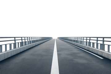 Asphalt road bridge with concrete barriers and white line on transparent background