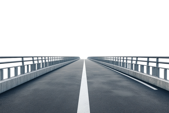 Asphalt road bridge with concrete barriers and white line on transparent background