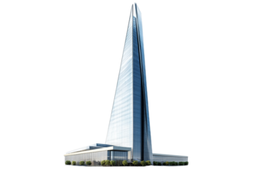 Striking triangular glass skyscraper, urban architecture, standing tall on transparent background