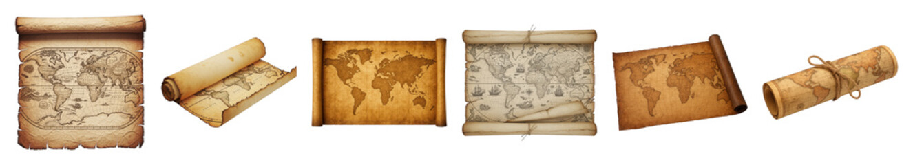 Vintage world map set including scrolled, rolled, unrolled, and partially open styles isolated. History, travel, and adventure concept collection.