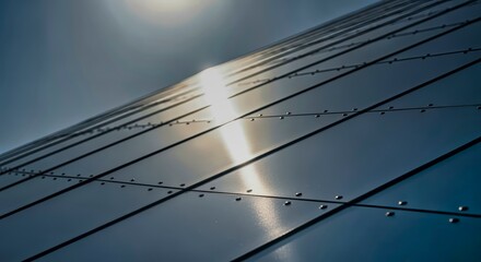 Obraz premium Abstract metallic surface with rivets, sun reflection, clean lines architecture detail