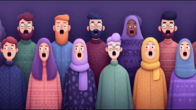 a group of cartoon characters standing in a row, laughing and expressing joy