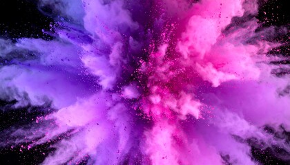 Vibrant explosion of colored powder in shades of pink and purple against a black background. Intense burst of color