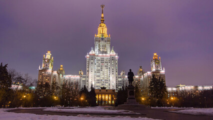 Obraz premium The Main Building Of Moscow State University On Sparrow Hills At Winter timelapse day to Night