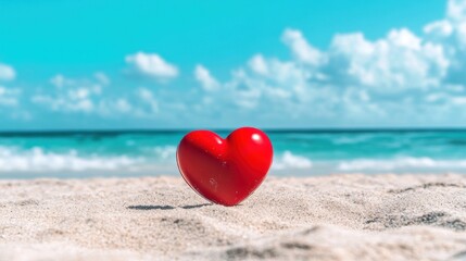 Fototapeta premium Red heart on beach valentines day romantic travel