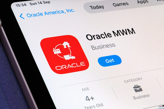 Oracle MWM App Store listing on iPhone illustrates mobile field service, asset inspection and operational efficiency in the field. Stafford, United Kingdom, September 14, 2025