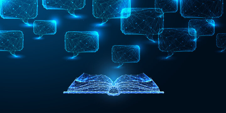 Digital learning concept with polygonal book and floating speech bubbles, low poly education vector