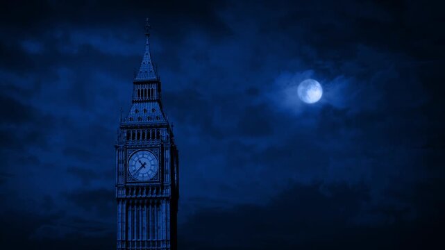 Big Ben Clock Tower At Night With Moon Above
