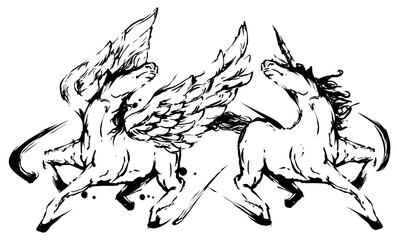 Unicorn and Pegasus – Japanese Ink Art