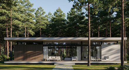 Fototapeta premium A sleek, modern, single-story house nestled in a serene pine forest. The home's design features clean lines, a flat roof, and a stunning use of natural materials like wood and concrete