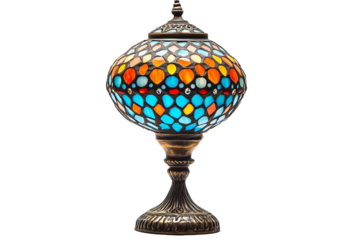 Ornate Turkish mosaic lamp with vibrant colors shines brightly on transparent background