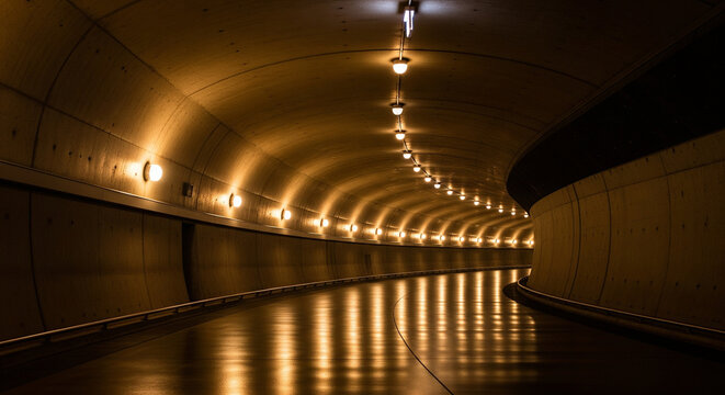 A moody and cinematic interior shot of a winding, vaulted tunnel. A long line of warm, round lights illuminates the curved walls, casting a soft, golden glow that reflects beautifully on the wet