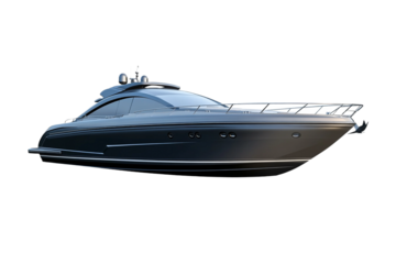 Sleek dark blue motor yacht, luxury vessel on transparent background