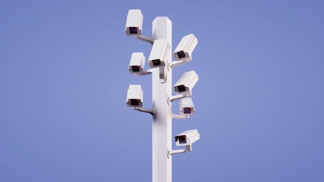 looped 3d animation. Multiple surveillance cameras mounted on a pole, randomly rotate and record video. Paranoid obsession with security