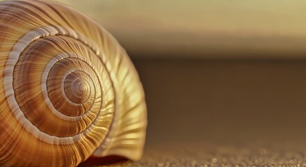Obraz premium Close-up composition of a spiral snail shell with warm lighting and sandy details
