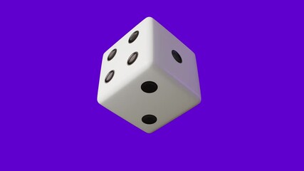 Looped 3D animation of a white dice with black pips rotating around its axis on a purple background. - Powered by Adobe
