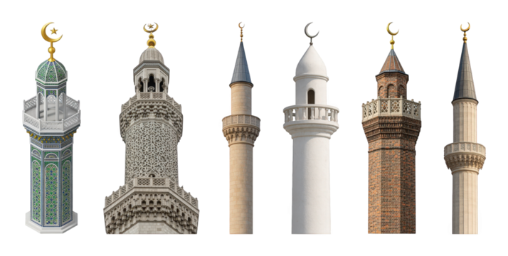 Minaret set including various architectural styles, materials, and ornate designs isolated. Islamic architecture and building elements.
