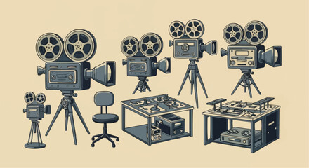 Obraz premium Explore vintage film cameras and video editing equipment for classic movie making and retro filmmaking design vector