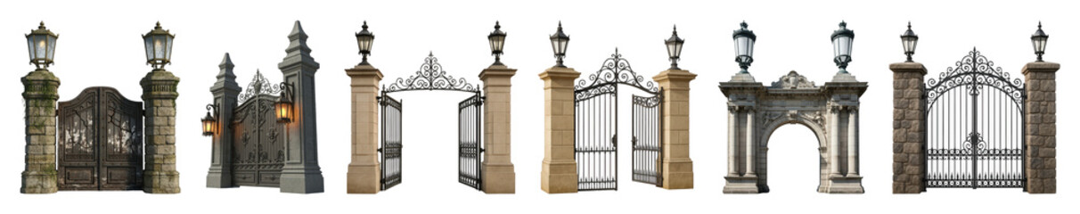 Ornate gate and archway set including stone pillars, iron gates, and lampposts isolated. Architectural entrance collection.