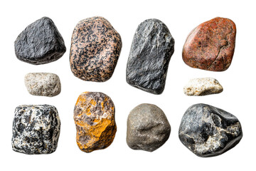 Fototapeta premium Collection of assorted river stones and rocks isolated on transparent background